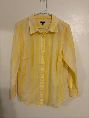 Talbots Plus 1X Yellow White Striped Cotton Button Down Shirt